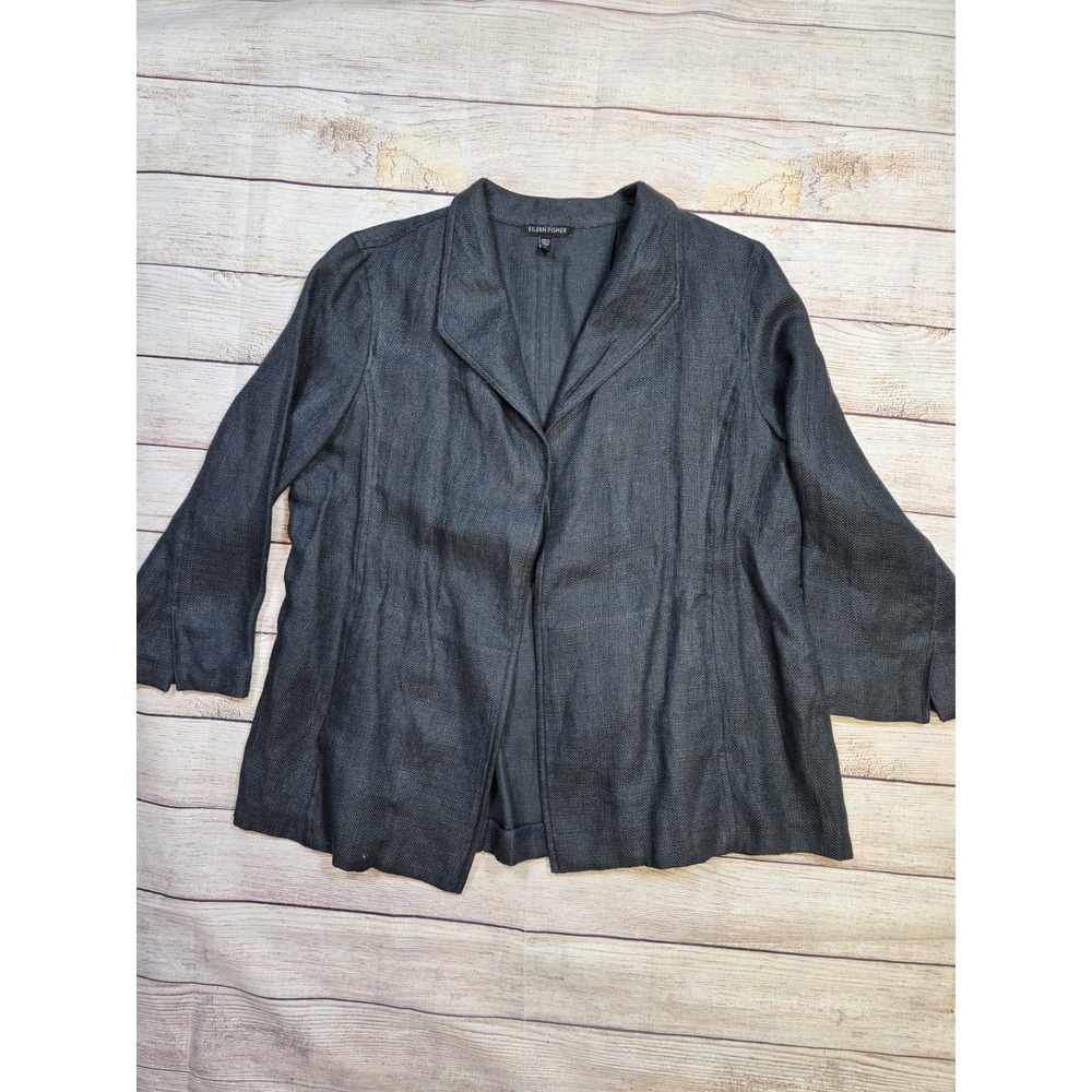 Eileen Fisher Linen Womens Black 3/4 Sleeve Pockets Open Front Blazer Size Small